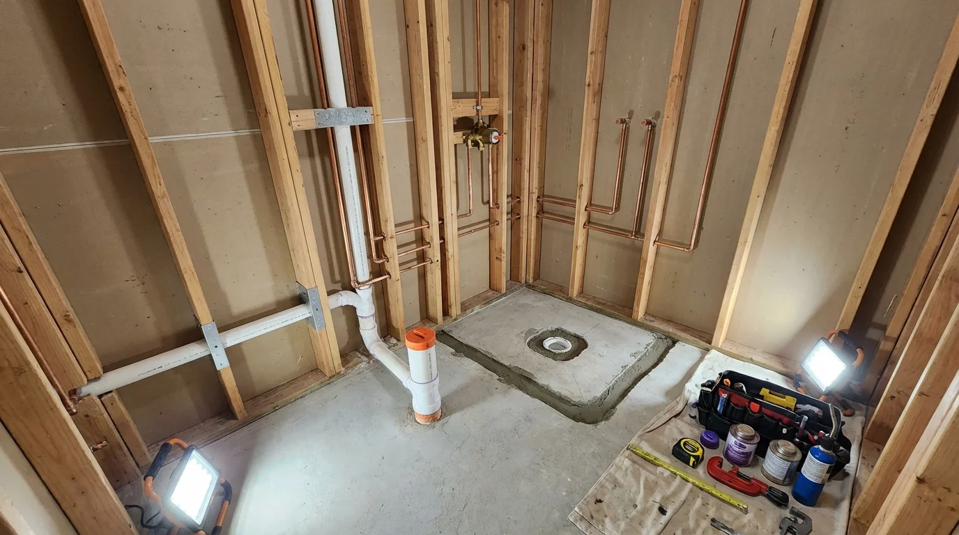 Bathroom rough-in plumbing during remodel by Johns Plumbing LLC in Havelock