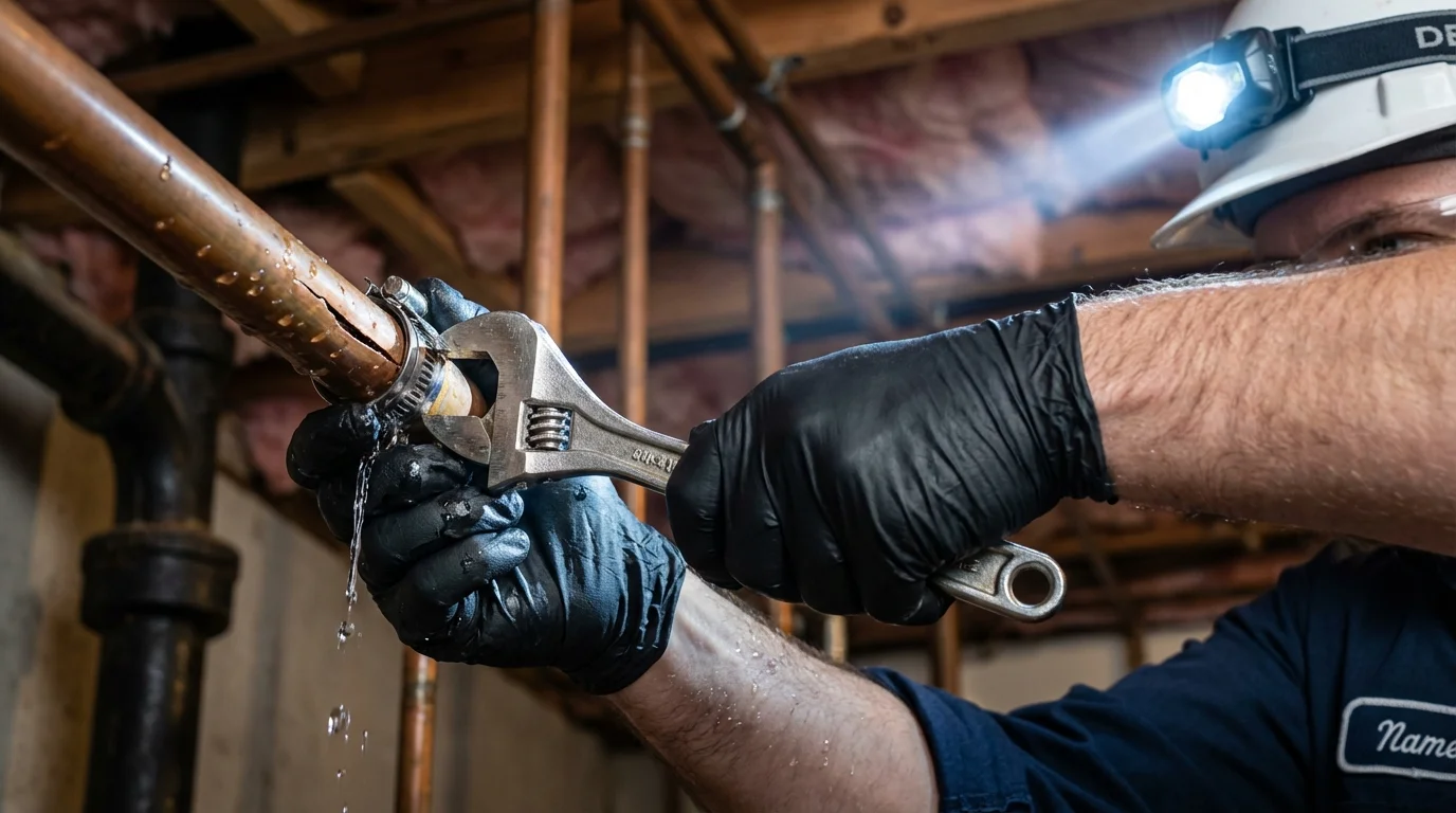 Emergency pipe clamp repair being performed by a Johns Plumbing LLC plumber in Havelock