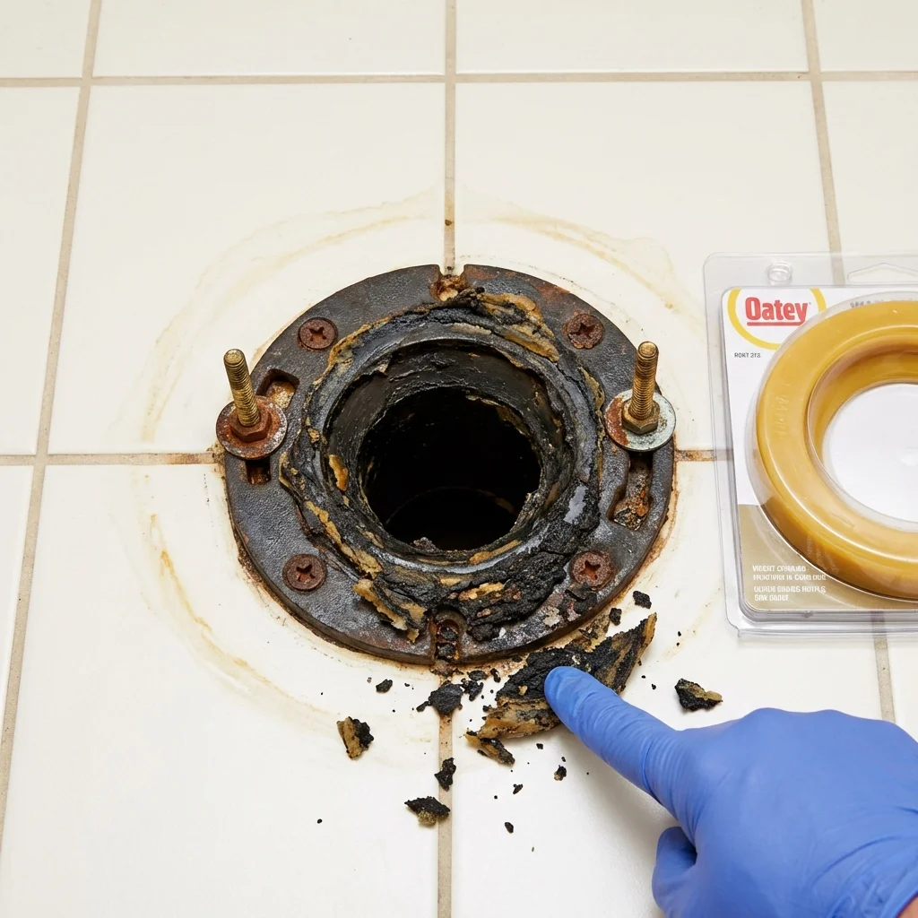 Failed wax ring showing water seepage at the base of a toilet in a Havelock, NC home