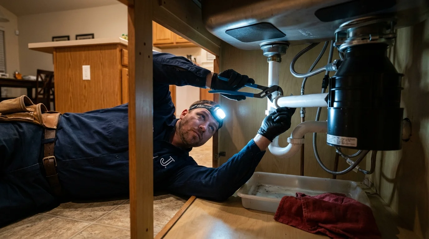 P-trap and supply line connections under a kitchen sink showing a common leak point in Havelock, NC